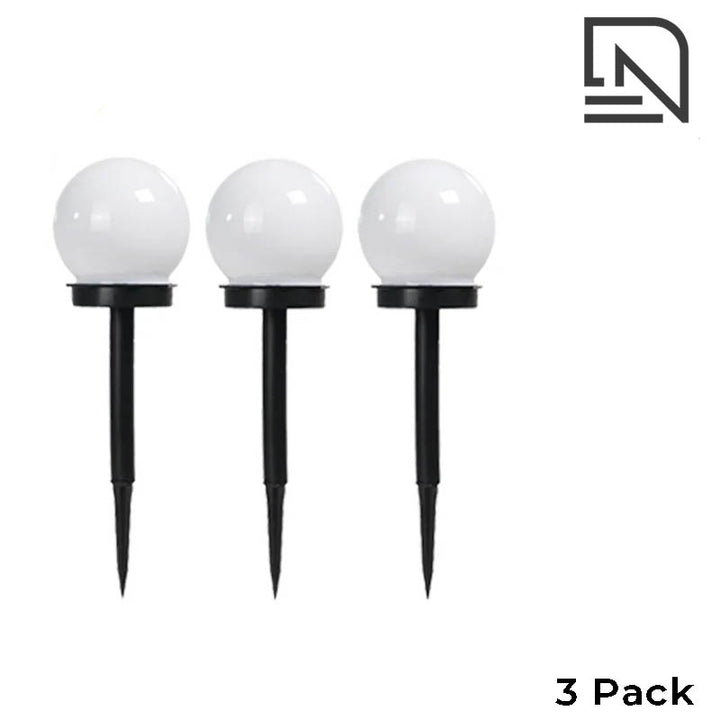 3-Pack of 4inch / 10cm solar LED globe garden lights with black stake, modern waterproof design for UK outdoor paths and patios