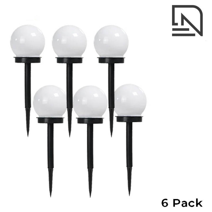 6-Pack of 4inch / 10cm solar LED globe garden lights with black stake, modern waterproof design for UK outdoor paths and patios
