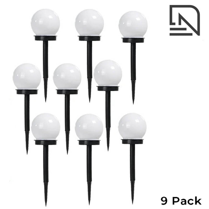 9-Pack of 4inch / 10cm solar LED globe garden lights with black stake, modern waterproof design for UK outdoor paths and patios