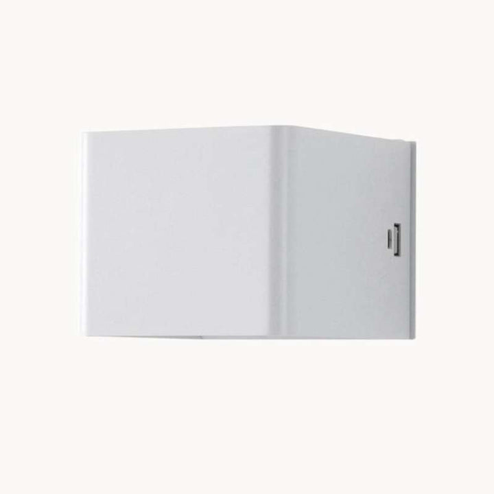 Matte white square LUMA LED wall sconce with USB-C charging port, modern rechargeable design