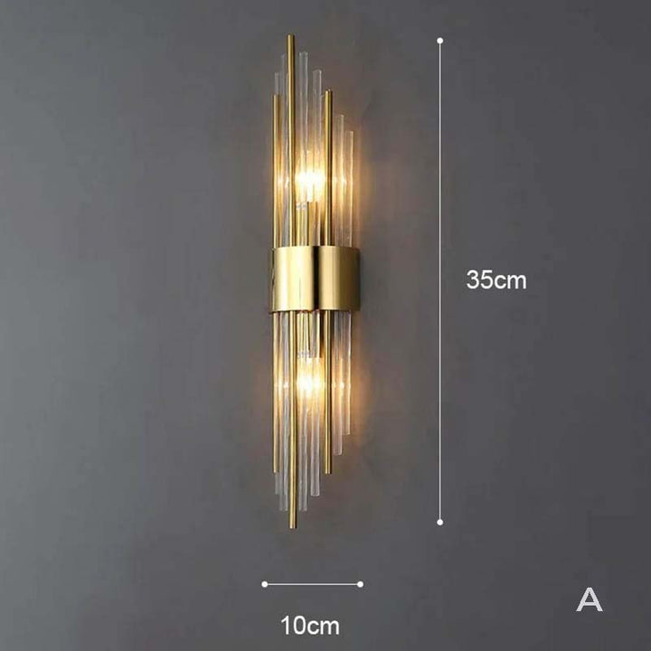 Gold crystal LED wall lights with double glass rods and stainless steel base for modern Nordic interiors