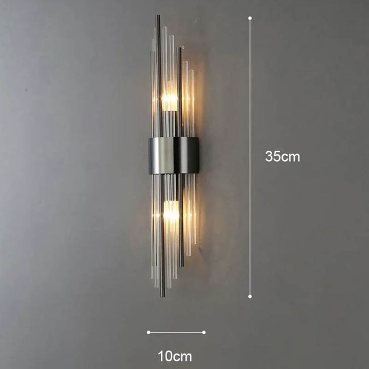 Black crystal LED wall lights with double glass rods and stainless steel base for modern Nordic interiors
