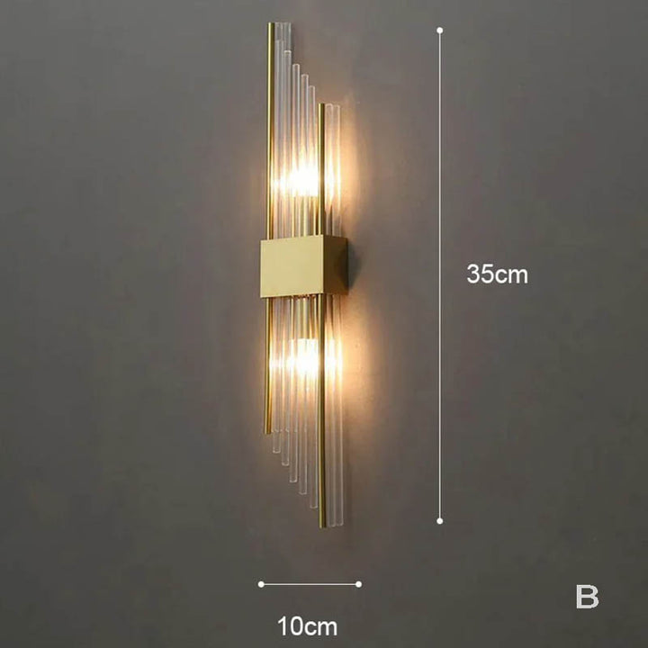 Gold luxury crystal LED wall lights with double glass rods and stainless steel base for modern UK Nordic interiors