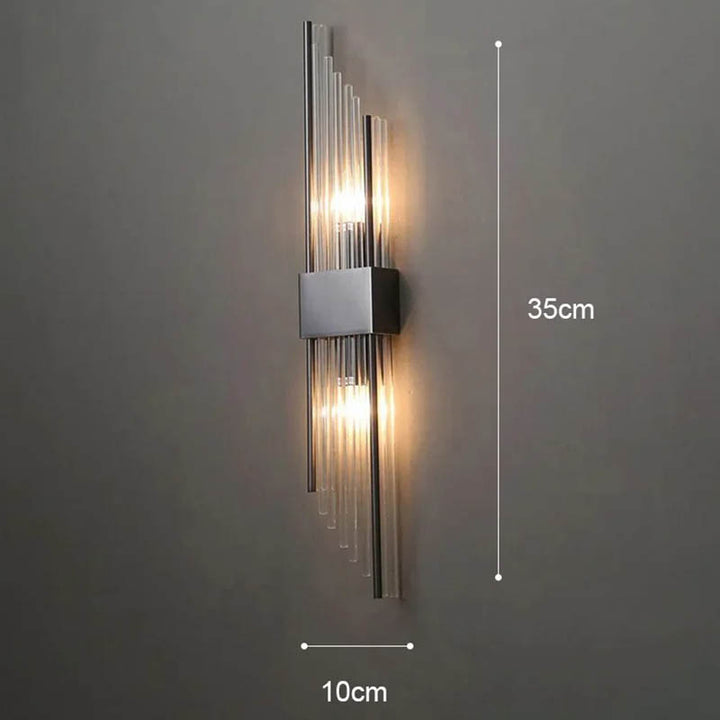 Black luxury crystal LED wall lights with double glass rods and stainless steel base for modern UK Nordic interiors