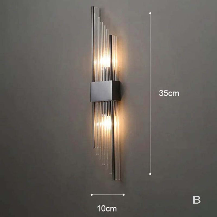 Black luxury crystal LED wall lights with double glass rods and stainless steel base for modern UK Nordic interiors