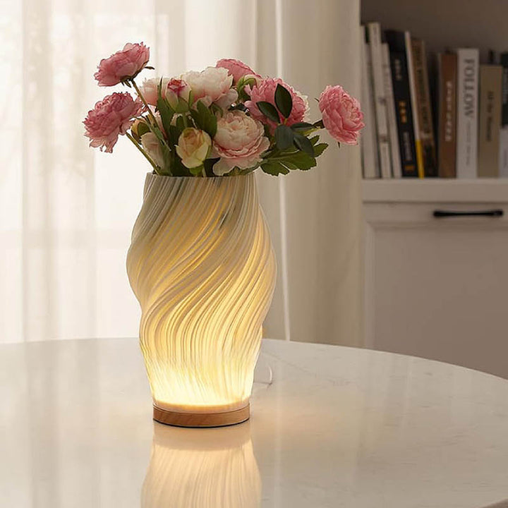 Eco-friendly 3D-printed LED table lamp with tri-colour dimming, modern design, and warm ambient lighting for bedrooms, desks, and living spaces.