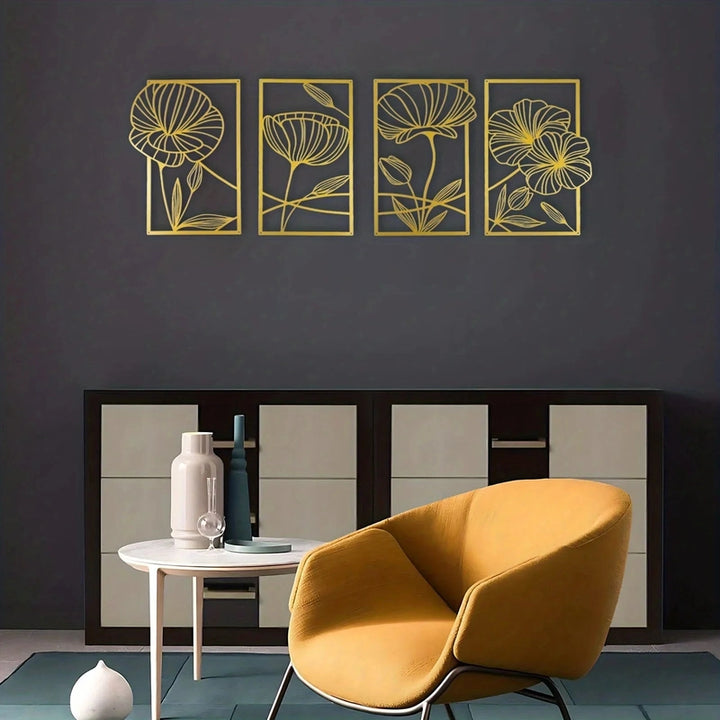 Modern interior with a yellow armchair, side table, and decorative wall art on a dark gray wall.