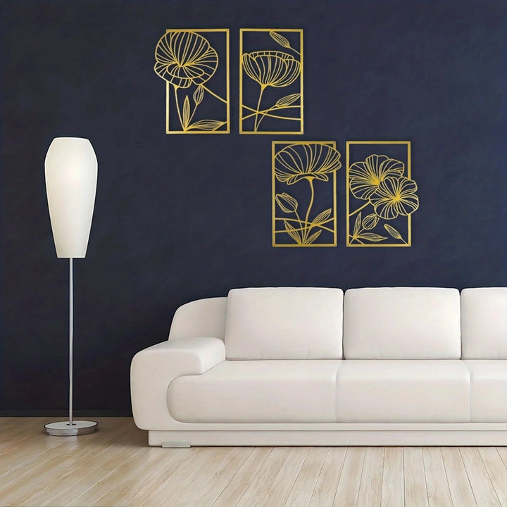 White sofa with gold floral wall art against a dark blue wall, illuminated by a floor lamp.