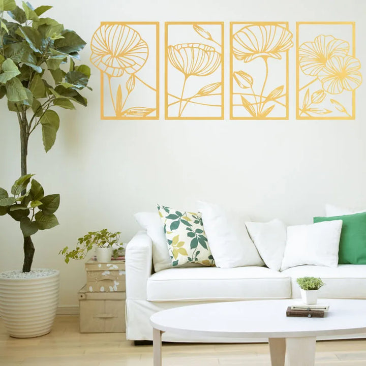 Living room with white sofa, decorative pillows, and wall art featuring floral designs.