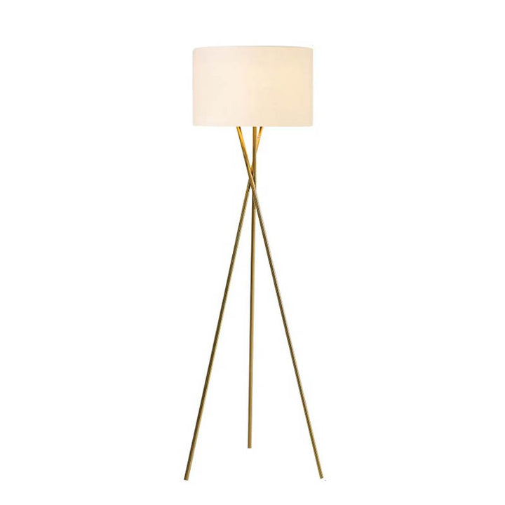 A modern fabric floor lamp with a sleek iron frame and a soft fabric lampshade, designed to provide warm and ambient lighting.