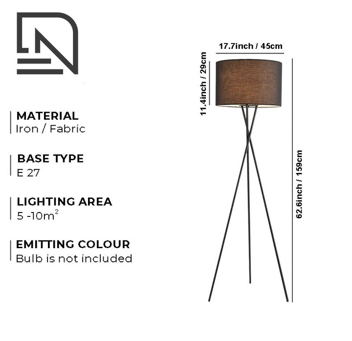 Modern tripod floor lamp with black fabric shade and iron legs, ideal for Scandinavian UK living rooms