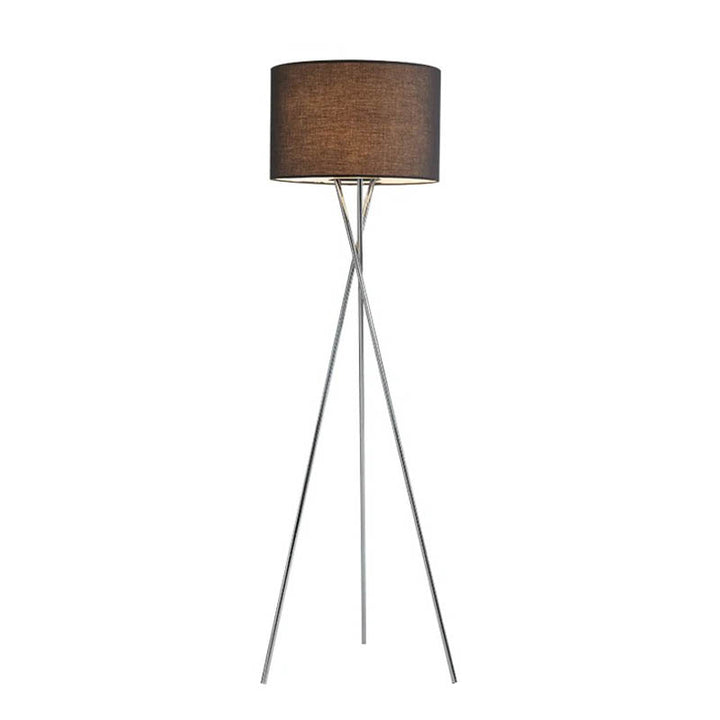 A modern fabric floor lamp with a sleek iron frame and a soft fabric lampshade, designed to provide warm and ambient lighting.
