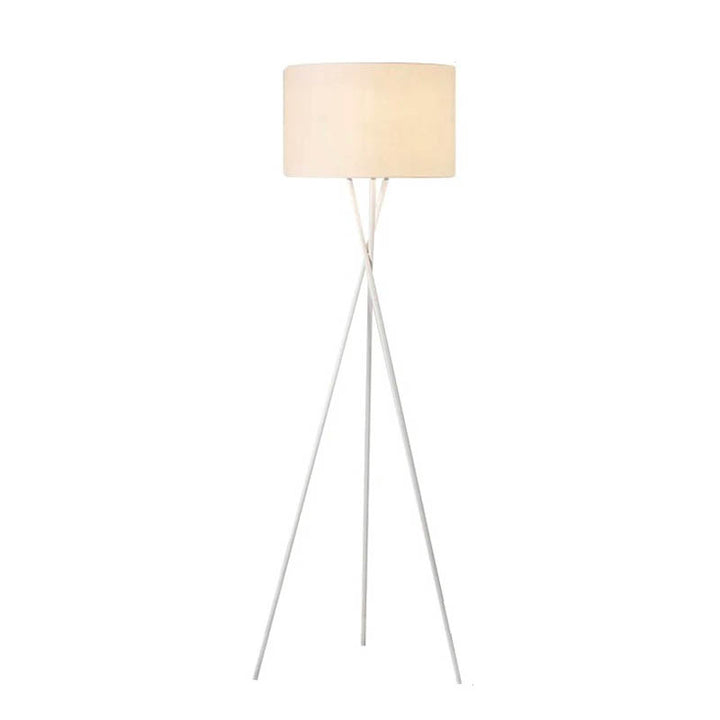 A modern fabric floor lamp with a sleek iron frame and a soft fabric lampshade, designed to provide warm and ambient lighting.