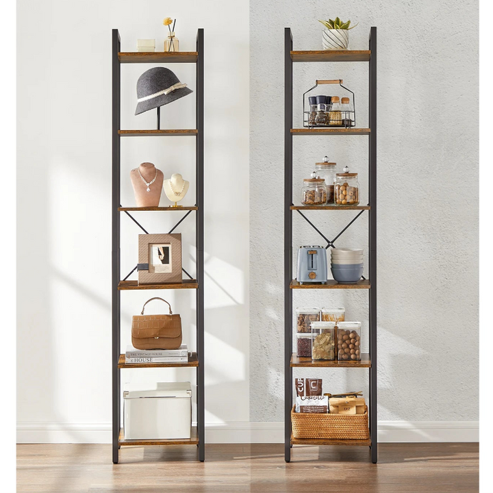 Two tall ladder shelves with various items on a neutral background