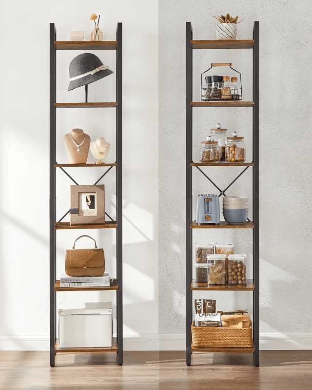 Two tall ladder shelves with various items on a neutral background