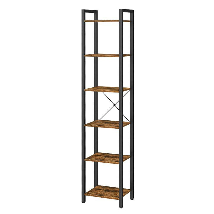 Bookshelf with modern wooden shelves and black metal frame on a white background