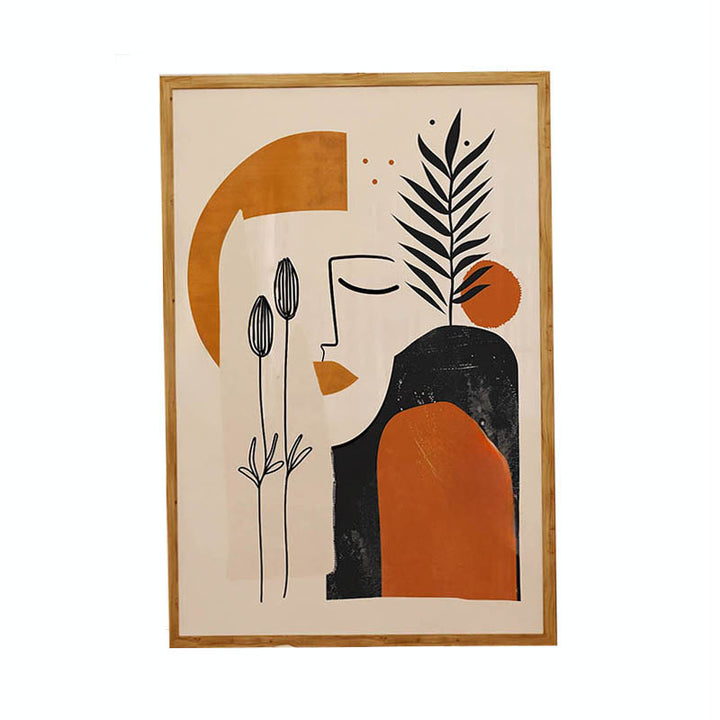 Modern abstract botanical line art with face silhouette, burnt-orange and black on cream canvas, ideal for hallway or bedroom walls.