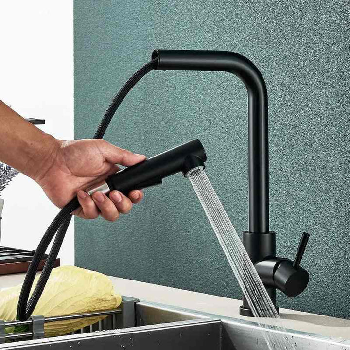 Matte black pull-out kitchen faucet with flexible sprayer in modern sink setup.