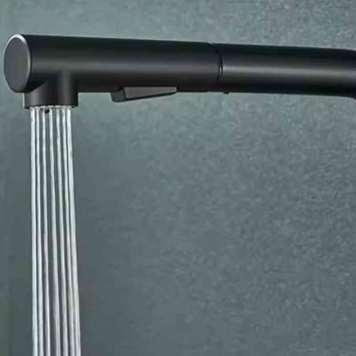 Black pull-out kitchen faucet spout showing aerated spray water flow option.