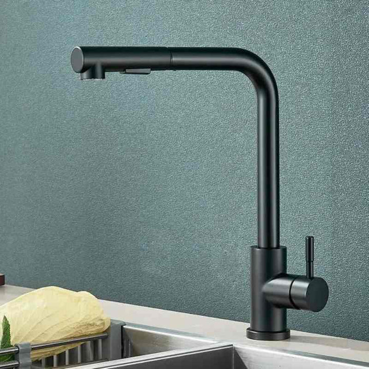 Matte black pull-out kitchen faucet with minimalist handle mounted on stainless sink.