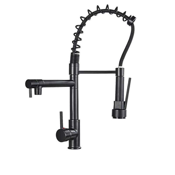 Modern matte black pull-down kitchen faucet with industrial spring neck, dual spouts, and single-handle mixer design for modern sinks.