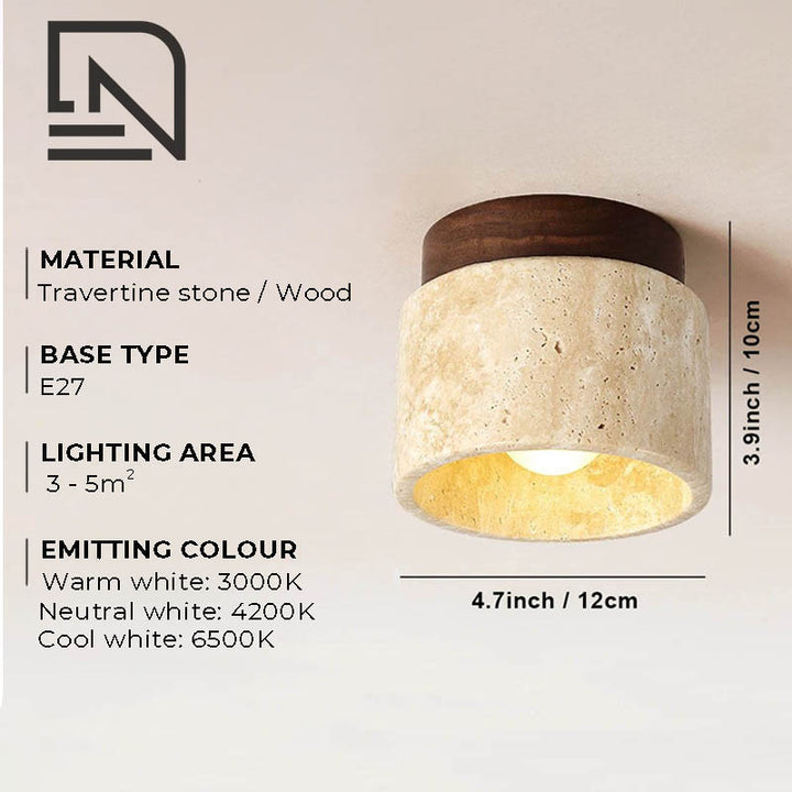 Modern stone ceiling light with a travertine and wood design, blending natural textures with warm LED lighting for elegant home décor.