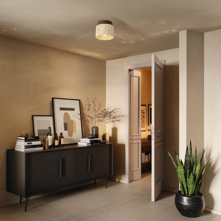 Modern stone ceiling light with a travertine and wood design, blending natural textures with warm LED lighting for elegant home décor.