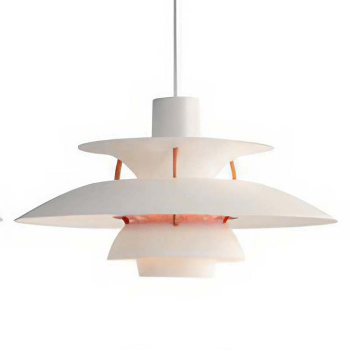 White Nordic pendant lamp with layered design on a white background