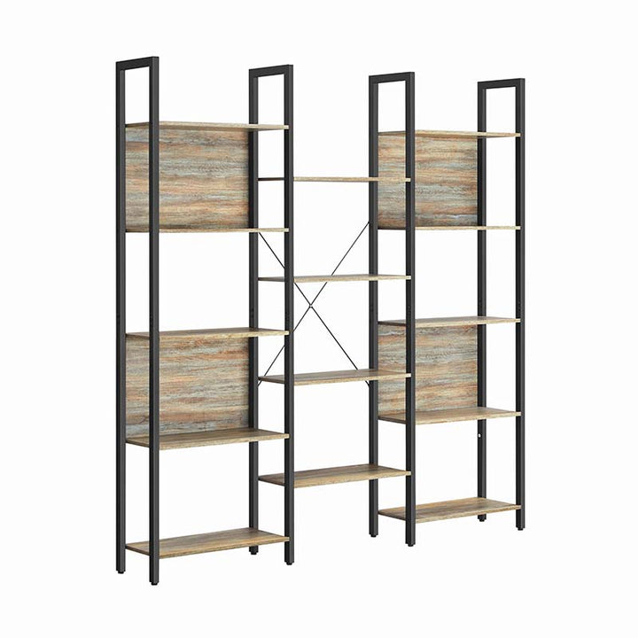 Scandinavian industrial 3-section bookcase with black metal frame and rustic wood shelves, modern open shelving unit for living room or office