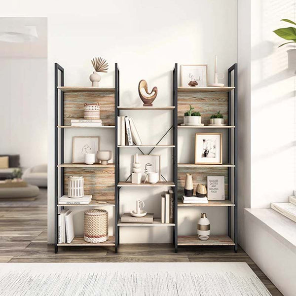 Industrial 3-section bookcase with black metal frame and rustic wood shelves, modern open shelving unit for living room or office in a room setting