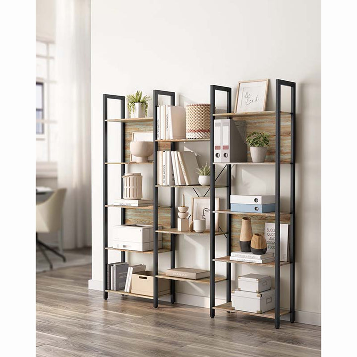 Modern industrial 3-section bookcase with black metal frame and rustic wood shelves, modern open shelving unit in a room setting