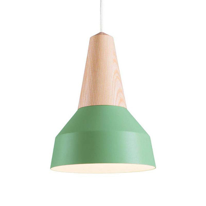 Green pendant light with wooden top on a white background
