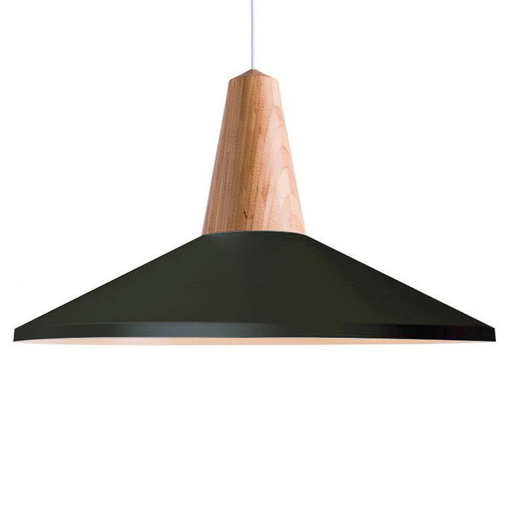 Pendant light with black shade and wooden top on a white background