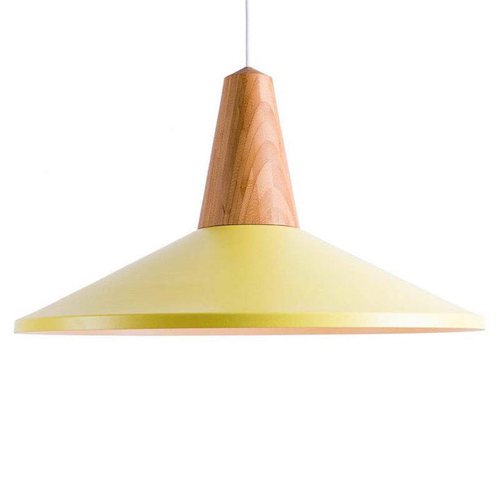 Yellow pendant lamp with wooden top on a white background