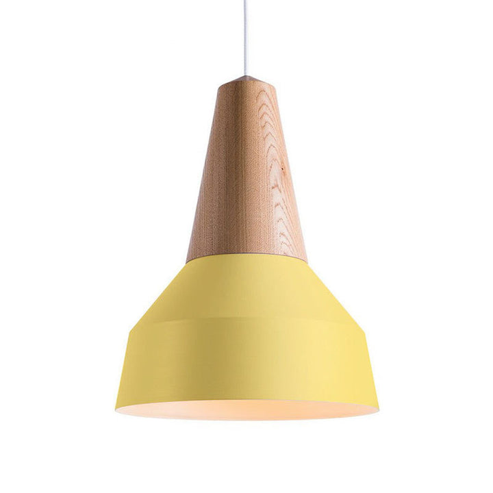 Pendant light with wooden top and yellow shade on a white background