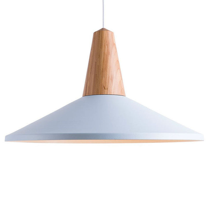 Pendant light with wooden top and blue shade on a white background