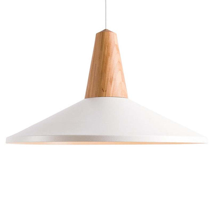 Pendant light with wooden top and white shade on a white background