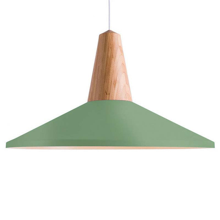 Pendant light with wooden top and green shade on a white background