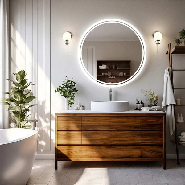 Modern bathroom with wooden vanity and round LED backlit mirror with touch sensor.