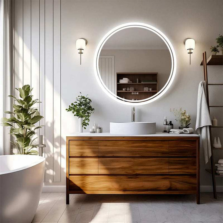 Modern bathroom with wooden vanity and round LED backlit mirror with touch sensor.