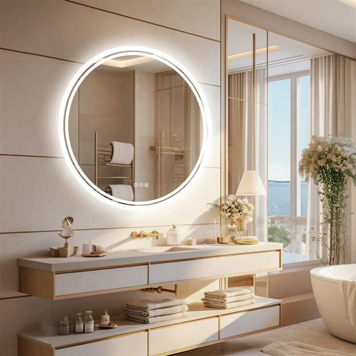 Luxurious bathroom with floating vanity and round dimmable LED bathroom mirror.