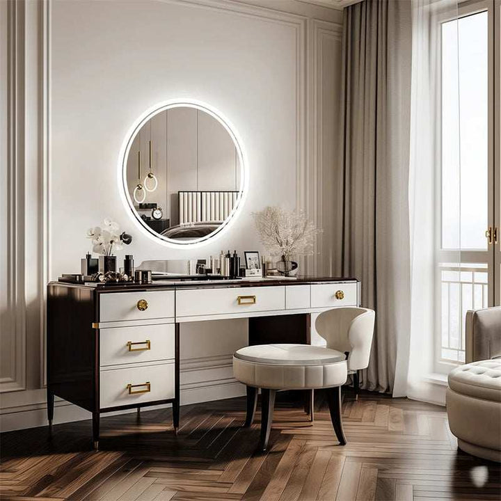 Stylish dressing table setup with circular LED illuminated makeup mirror.