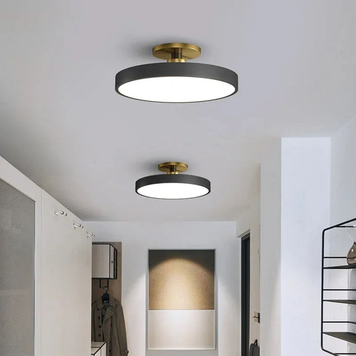 Two ceiling lights in a room with a mirror and wardrobe.