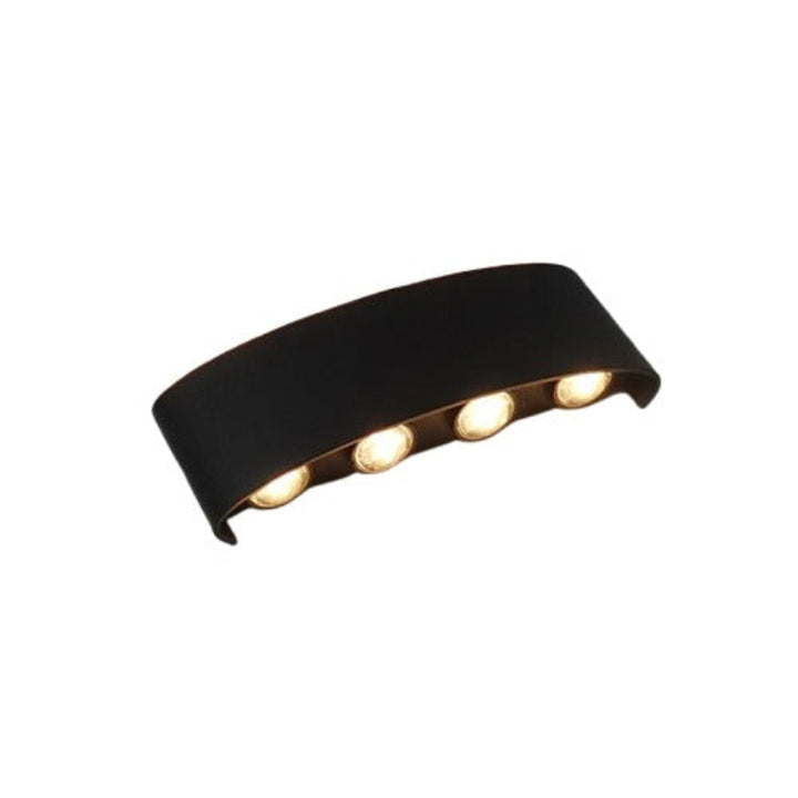 Black wall-mounted light fixture with four visible lights on a white background