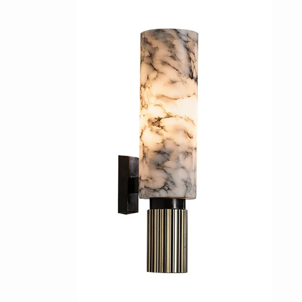  Tall marble LED wall sconce with brass base and black mount, ideal for modern UK interiors and hallway lighting.
