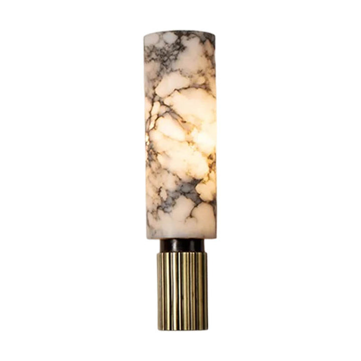  Tall marble LED wall sconce with brass base and black mount, ideal for modern interiors and hallway lighting.