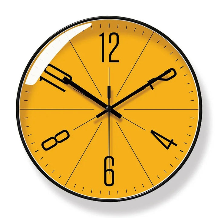 Yellow wall clock with black hour markers on a white background