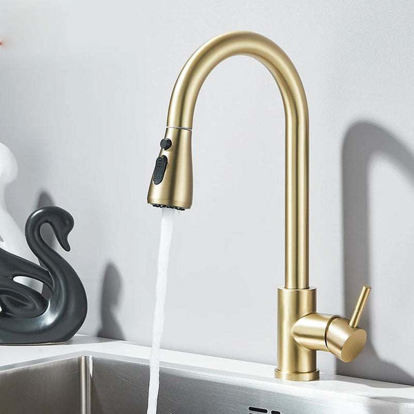 Brushed gold pull-out kitchen faucet with single handle and stream water flow mode.