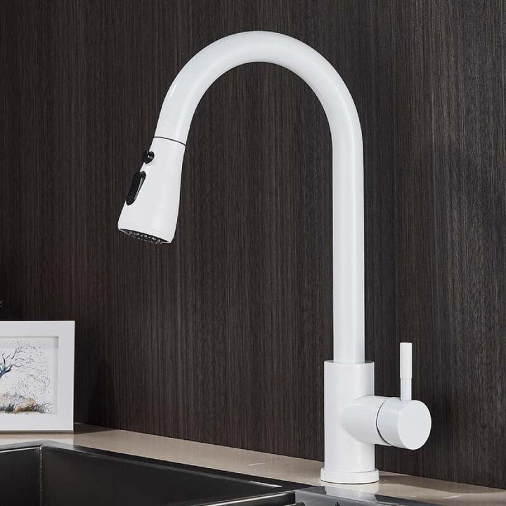 White pull-out kitchen faucet with high arc spout and sleek Scandinavian style.