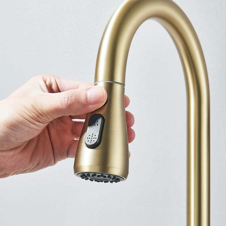 Close-up of brushed gold faucet sprayer head with dual spray control button.